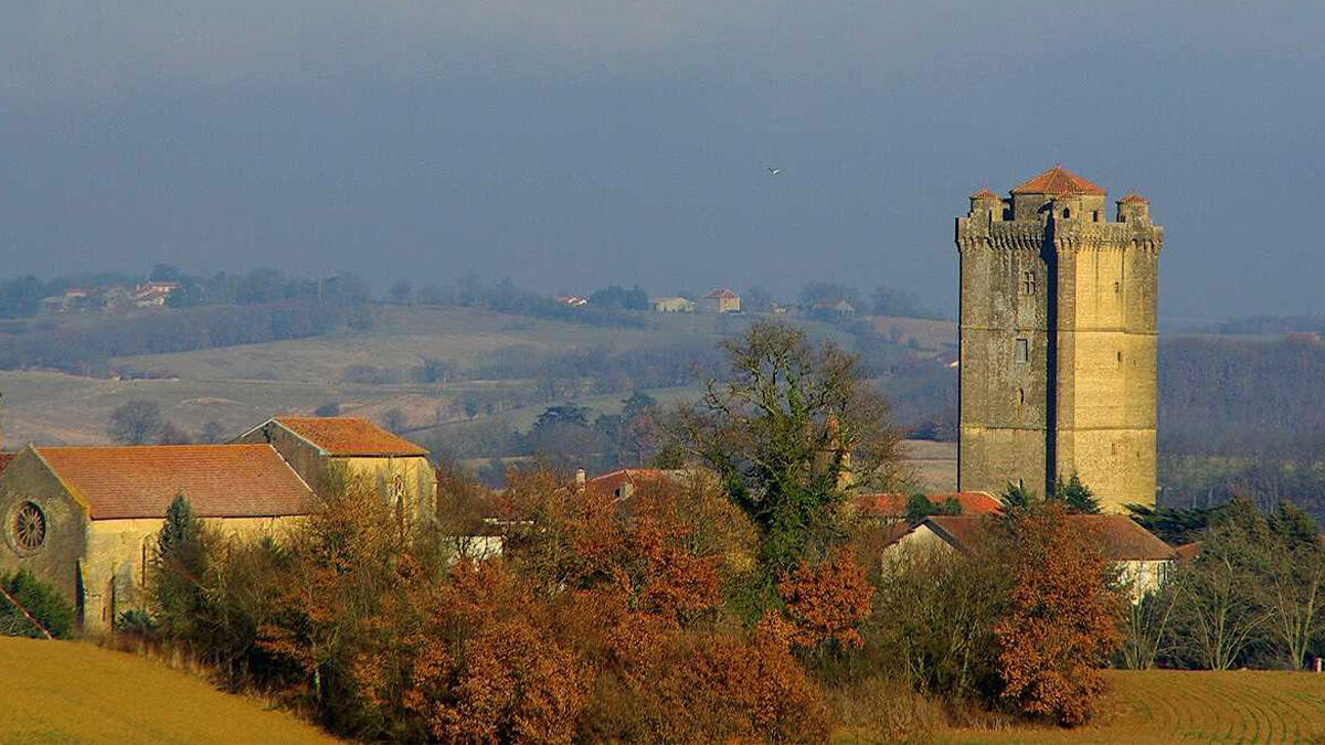 Chateau de Bassoues and its medieval tower in the rolling hills of Gascony, France